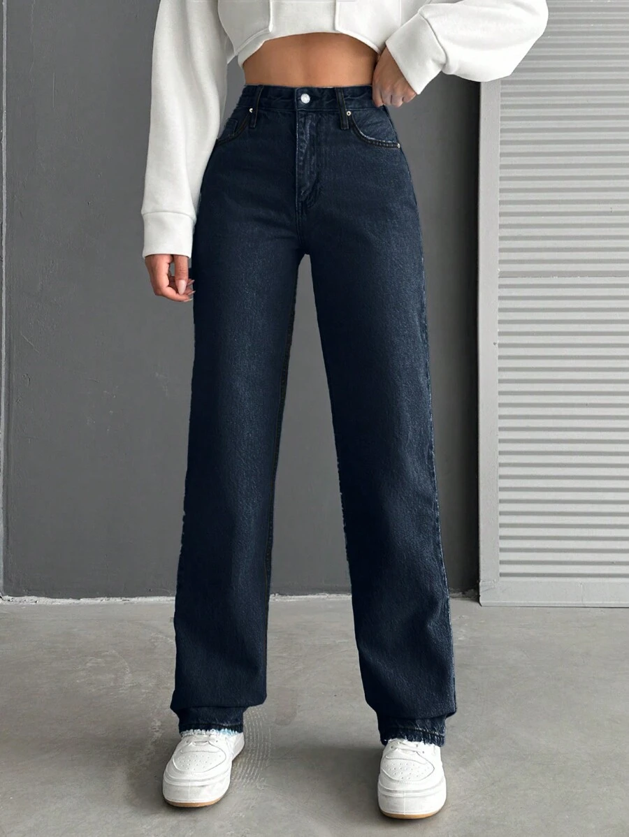 RueChic Women's Low-Rise Button-Fly Straight-Leg Jeans With Pockets And Zipper, Versatile For Casual Daily Wear - Dark Wash - View 1