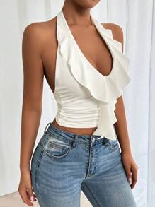 Allurite Sexy Women's Summer Solid Color Splice Ruffle Trim Slim-Fit Halter Neck Tank Top - White - View 3
