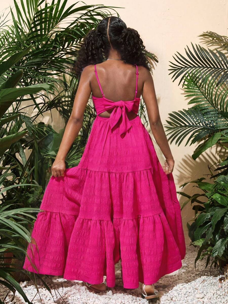 SHEIN 適用於春夏季的青少女假期休閒紋理純色荷葉邊後綁蝴蝶結連衣裙