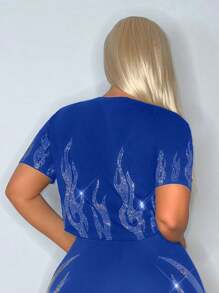 SHEIN SXY Plus Size Concert Music Festival Outfits Women's Flame Design Studded Short T-Shirt For Music Festival - Royal Blue - View 2