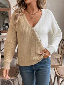 SHEIN LUNE Casual Color Block Patchwork Slant Placket Cardigan, Autumn/Winter