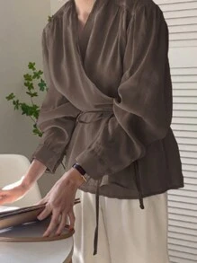 DAZY Áo sơ mi nữ màu trơn đơn giản thắt eo thời trang xuân thu, áo dài tay mùa thu cho nữ - Cà phê nâu - Xem 5