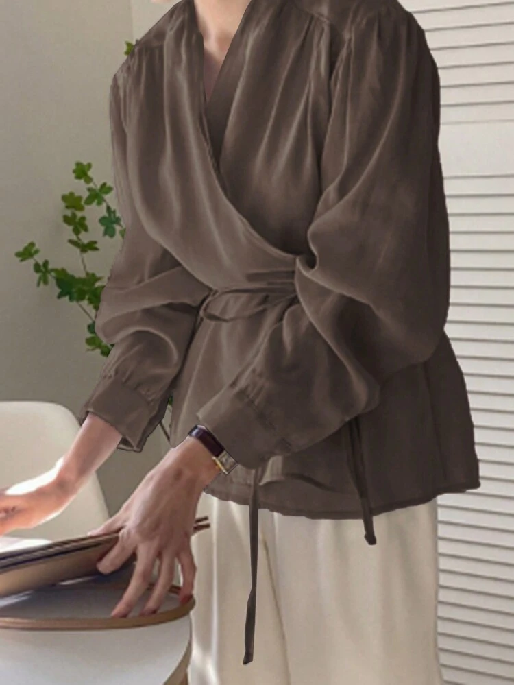 Women Spring And Autumn Casual Solid Color Cinched Waist Shirt Preppy Tops,Fall Women Clothes Long Sleeve Top