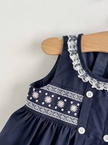 Cozy Pixies 嬰兒女童圓領無袖花朵蕾絲腰身連衣裙 - 藏蓝色 - 查看 4
