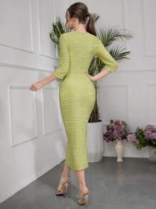 Modelyn Women's Plain Ribbed Bodycon Dress With Round Neckline And Side Slit, Elegant Style - Green - View 6