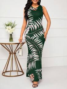 SHEIN Lady 植物印花美人鱼长款节日连衣裙 - 墨綠色 - 查看 3