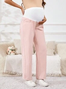 SHEIN 孕婦可調腰直筒牛仔褲，休閒多變 - 淺粉色 - 查看 6