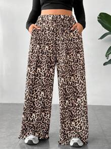 SHEIN EZwear سروال نسائي طويل واسع بمقاس زائد بخصر مطاطي، مزين بطبعات مختلطة من الفهد والزهور - متعدد الألوان - مشاهدة 1