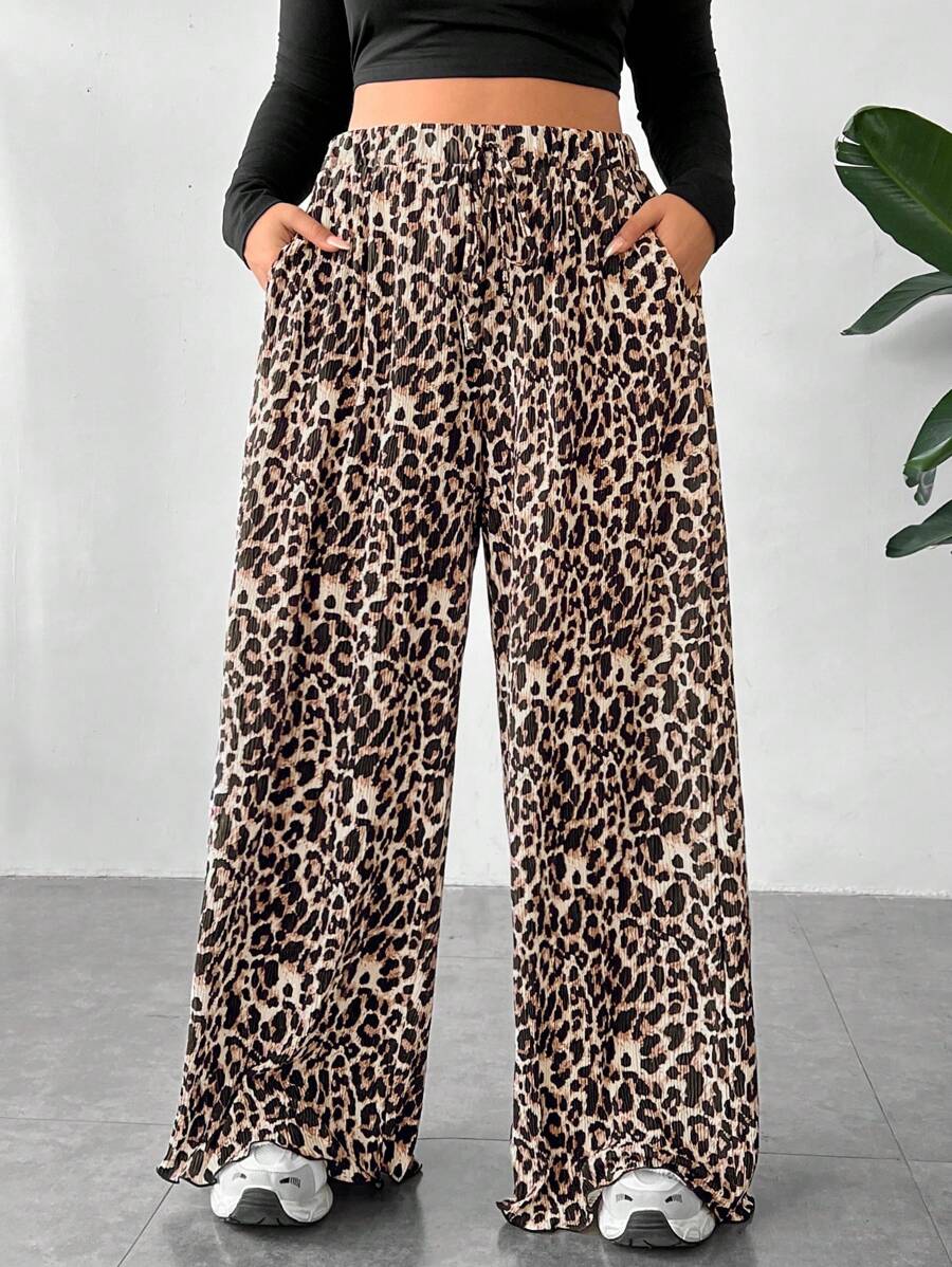 SHEIN EZwear سروال نسائي طويل واسع بمقاس زائد بخصر مطاطي، مزين بطبعات مختلطة من الفهد والزهور - متعدد الألوان - مشاهدة 1