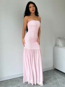Elenzga Ladies' Elegant Summer Plain Shirred Chest Pink Mesh Long Dress - Pink - View 3