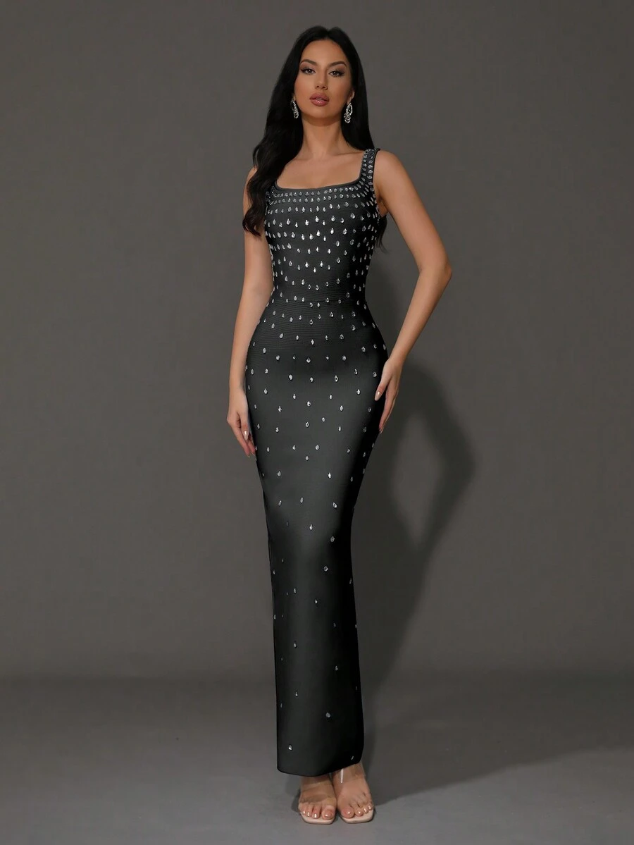 Modphy New Arrival Women's Luxury Diamond Embellished Sleeveless Plunging Square Neck Bodycon Maxi Formal Wedding Evening Gown