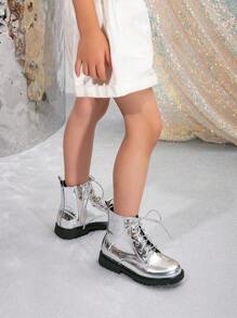 1 双时尚金属镜面条侧拉链摩托车短靴 - 銀色 - 查看 2