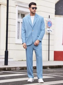 Manfinity VCAY 2 chiếc áo khoác nam dệt kim tích hợp áo khoác thường ngày và quần váy eo thẳng, dài, thích hợp cho mùa xuân, mùa hè và mùa thu - Màu xanh nhạt - Xem 4