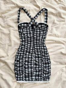 Soleia Vestido cami a cuadros blanco y negro para vacaciones con detalles de encaje para mujer - Blanco y Negro - Ver 2