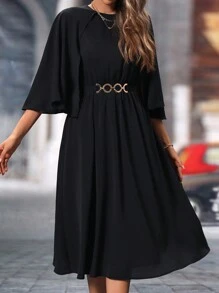 SHEIN Clasi Round Neck Cape, Cinched Waist With Metal Buckle, Flared Dress - Black - View 4