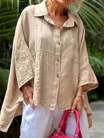 大码女式纯色简约长袖衬衫，日常穿着