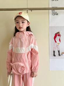 SHEIN Cô Gái Trẻ Xuân Thu Colorblock Có Dây Kéo Có Mũ Trùm Đầu Và Quần Dáng Rộng 2 Bộ Trang Phục - Hồng - Xem 3