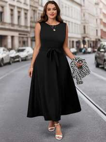SHEIN Clasi Bộ 2 món/bộ cỡ lớn, áo khoác dài tay hở phía trước in họa tiết toàn thân và váy không tay có cạp chun, trang phục công sở thanh lịch và nhẹ nhàng cho nữ - Đen và trắng - Xem 8