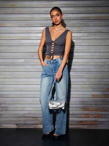 SHEIN BAE حقيبة كتف متألقة فضية للسيدات - فضي - مشاهدة 2