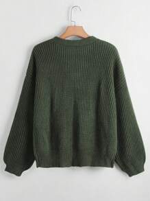 Linhara 大码女式纯色 V 领单排扣长袖休闲通勤百搭开衫毛衣，秋冬 - 墨綠色 - 查看 2