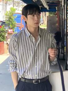 DAZY 男式寬鬆條紋長袖休閒襯衫，秋季款 - 藍色 - 查看 3