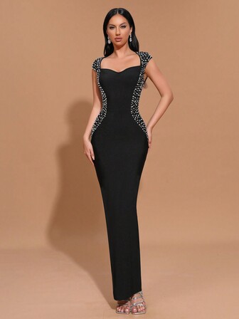 Modphy Nuevo Vestido largo y ajustado de mujer negro con escote en V sin mangas, adornado con diamantes, elegante para fiesta de cumpleaños, cena formal y ocasiones como baile de graduación, boda o evento de noche