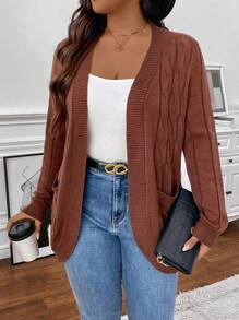 SHEIN Clasi Plus Size Casual, Featuring Pocket Design, Warm, Buttonless Knitted Cardigan. Suitable For Work, Outings, Home, Shopping, And Gatherings , Brown Cardigans In Women In Fall/Winter - Coffee Brown - View 4