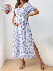 SHEIN Maternity Casual V-Neck Short Sleeve Flared Waist Tie Midi Dress With Side Slit