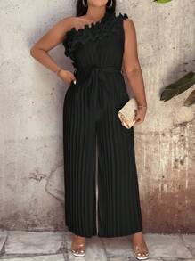 SHEIN LUNE Plus Size Holiday Casual Màu trơn Một vai Ruffle Jumpsuit - màu đen - Xem 1