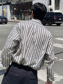 DAZY 男式寬鬆條紋長袖休閒襯衫，秋季款 - 藍色 - 查看 2