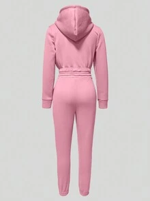 2pcs Women's Casual Solid Color Thermal Lined Hoodie Sweatshirt And Skinny Sports Pants Tracksuit Set, Autumn Winter Pink - Pink - View 6