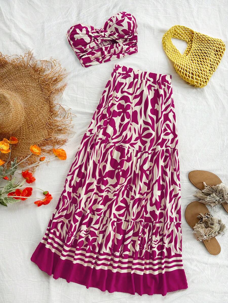 Soleia WYWH 女士节日红色花卉印花抹胸海滩度假两件套、长裙/短款上衣、夏季服装 - 玫紅色 - 查看 1