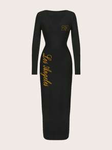 SHEIN SXY Women's Elegant Casual Letter & Numeric Pattern Knit V-Neck Long Sleeve Bodycon Dress, Suitable For Spring And Autumn And Winter Chic Dress - Black - View 2