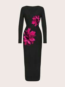 SHEIN SXY 女士优雅简约大花朵印花 V 领长袖修身针织连衣裙适合夏季 - 黑色 - 查看 2