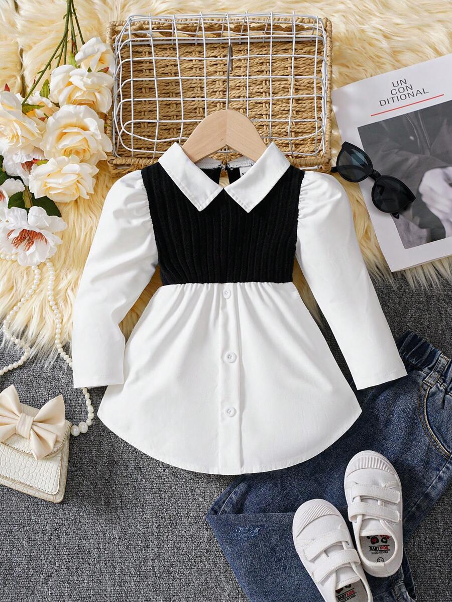 嬰兒女孩優雅黑白拼接針織上衣，適合秋冬日常、休閒、派對、假期和聚會穿著 - 彩色 - 查看 1