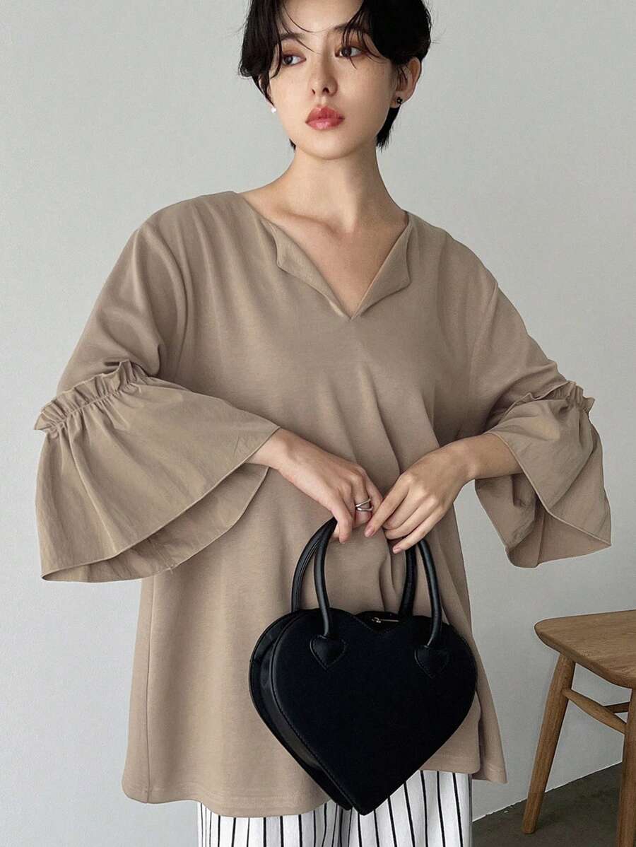 FRIFUL Women's Summer Solid Color Loose Fit Bell Sleeve Casual T-Shirt,Ruffle - Coffee Brown - View 1