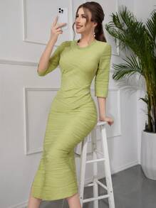Modelyn Women's Plain Ribbed Bodycon Dress With Round Neckline And Side Slit, Elegant Style - Green - View 5