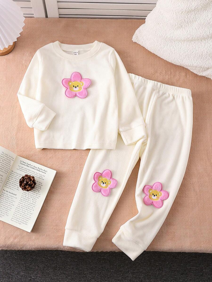 بدلة من قطعتين للفتيات الصغيرات بعمر الطفولة تحتوي على ملابس علوية بأكمام طويلة وبنطلون من القطن الناعم واسعي الساقين مزينة بأزهار مطرزة بتقنية 3D،ملابس منزلية مريحة وعصرية