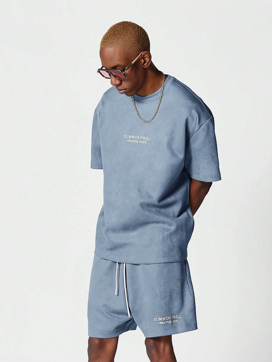SUMWON Suedette Tee And Short 2 Piece Set - Blue - View 1