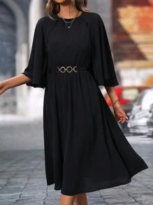 SHEIN Clasi Round Neck Cape, Cinched Waist With Metal Buckle, Flared Dress - Black - View 3