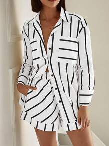 Conjunto de 2 peças com Top de Manga Longa Listrada e Shorts para Mulheres, Estilo Minimalista, Refrescante e Prático, Versátil e Vestível