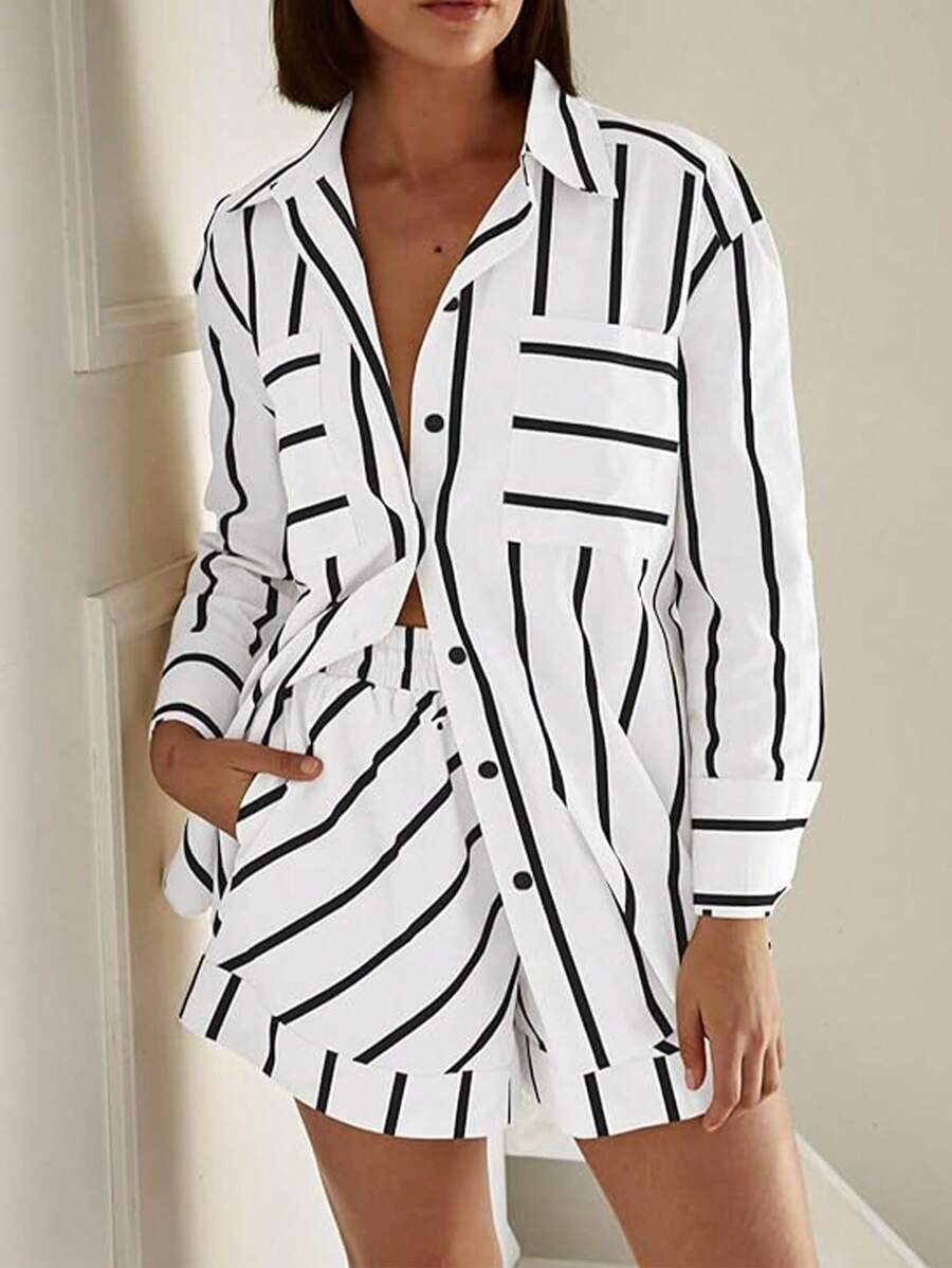 Conjunto de 2 peças com Top de Manga Longa Listrada e Shorts para Mulheres, Estilo Minimalista, Refrescante e Prático, Versátil e Vestível