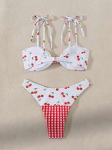 SHEIN Swim 女款夏季沙灘櫻桃印花扭結性感二件式比基尼泳裝套裝 - 紅白色 - 查看 2