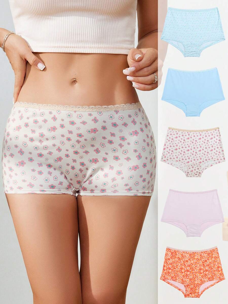 SHEIN Cute Sweet Multicolor All Over Print Polyester Medium Stretch Women Boyshorts With Contrast Binding - Multicolor - View 1