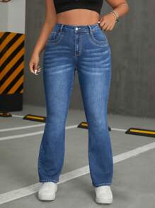 SHEIN EZwear 女士加大碼有口袋喇叭休閒牛仔褲 - 藍色 - 查看 7