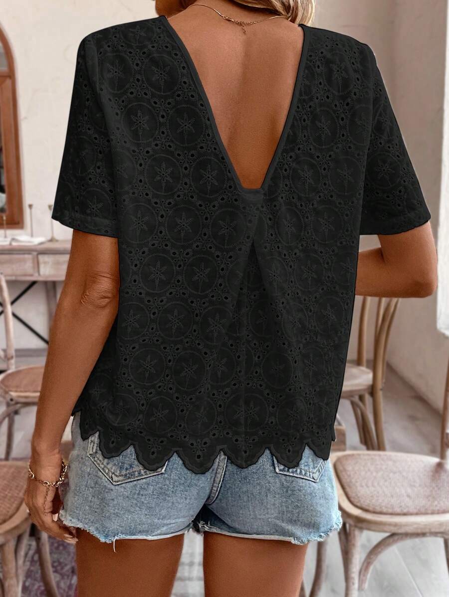 SHEIN Frenchy Urlaub Sommer Hochzeit Bluse mit rundem Hals und Cut Out, gestickten Details