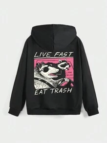 Vincenttrinidadart Fashionable Street Raccoon Printed Hooded Long Sleeve Zipper Sweatshirt - Black - View 1