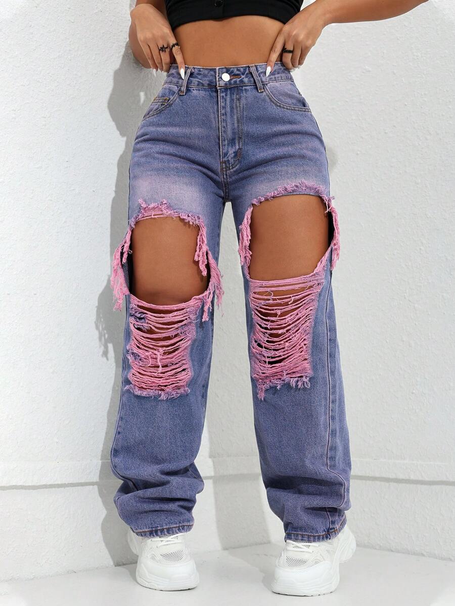 Mid-Rise Casual Basic Blue Breathable Women's Jeans, Spring/Summer Pink
