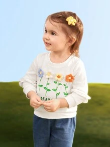 SHEIN Baby Girls' Lovely Flower Printed Long Sleeve Sweatshirt - White - View 1