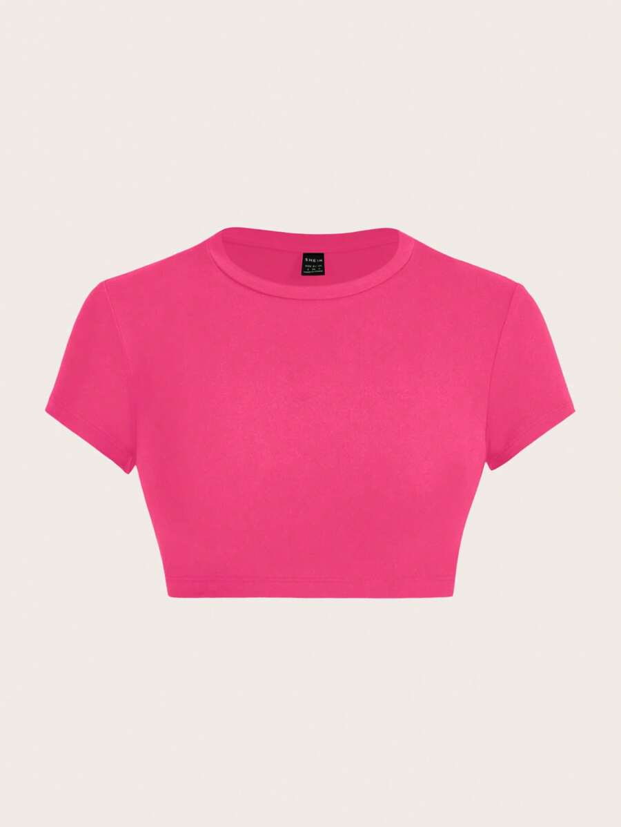SHEIN EZwear 休闲简约圆领短袖修身短款女式T恤，适合夏季 - 玫紅色 - 查看 1
